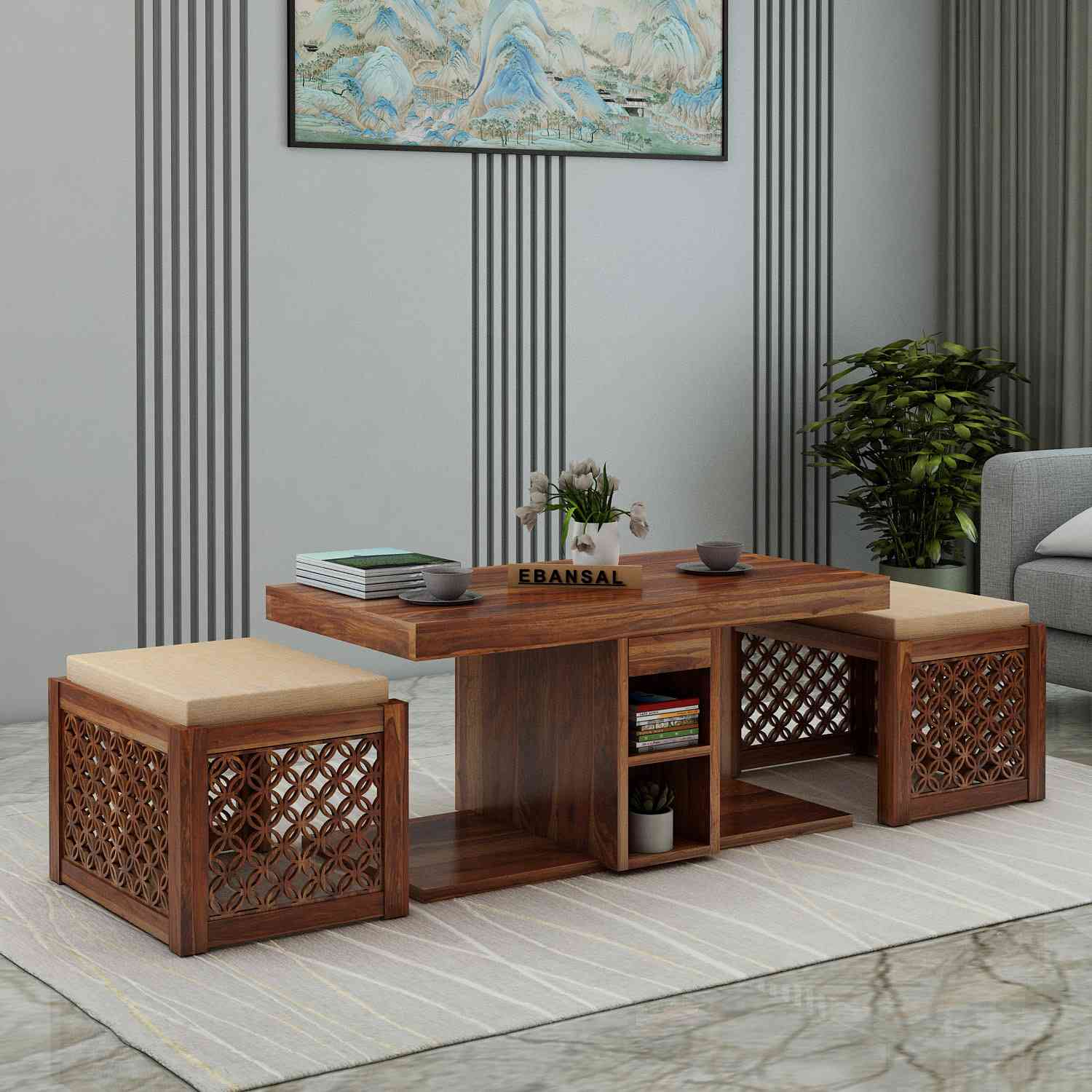 Monstro Solid Sheesham Wood Coffee Table With Stools (Natural Finish