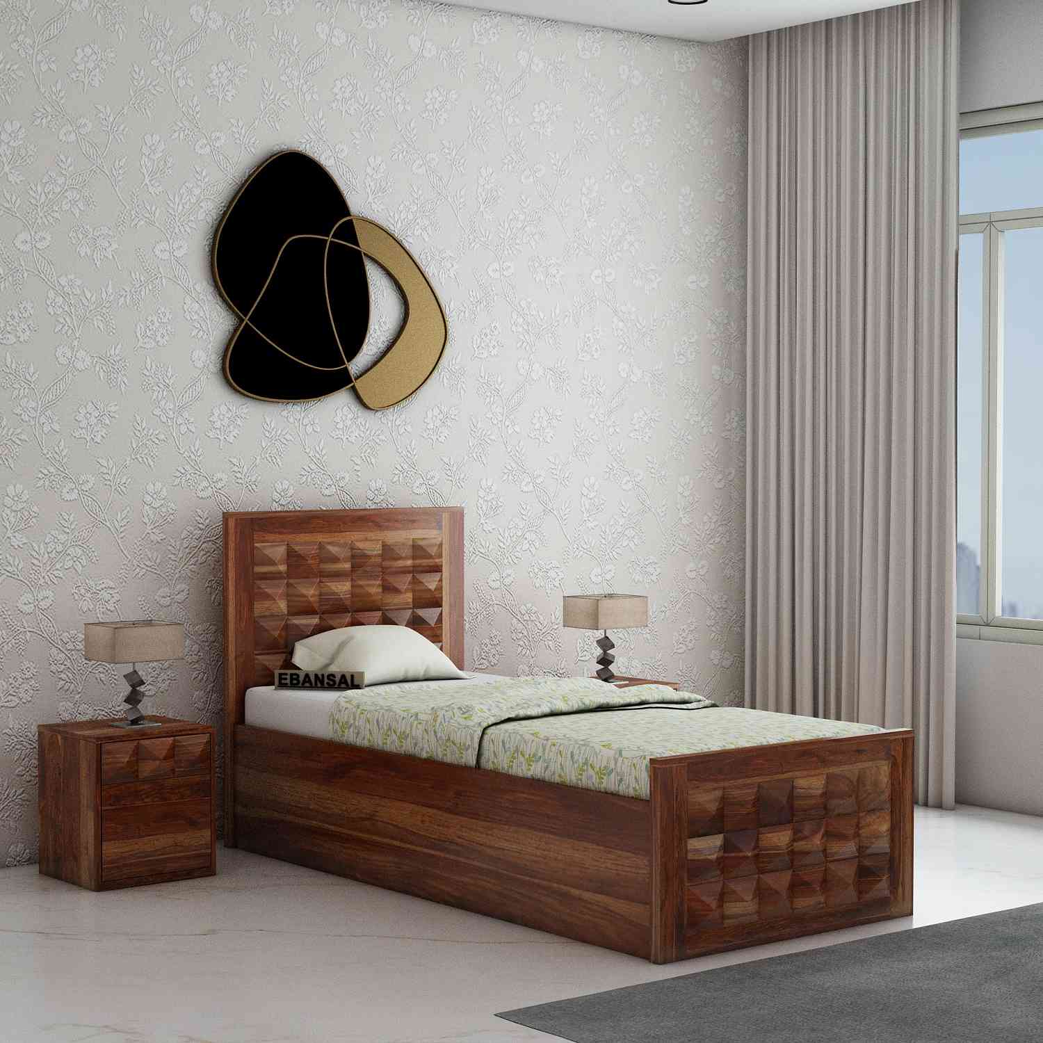 Sofia Solid Sheesham Wood Single Bed With Box Storage (Natural
