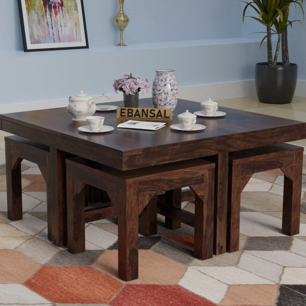 Mobell Solid Sheesham Wood Coffee Table Set With Four Stools (Four