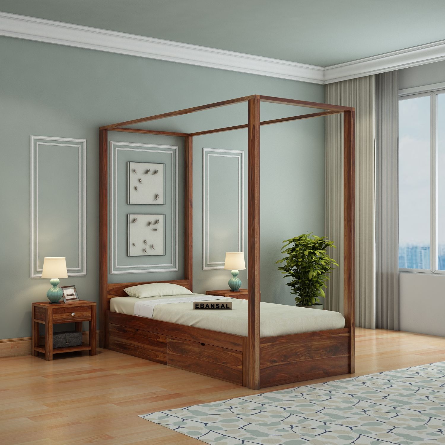 Solivo Solid Sheesham Wood Single Poster Bed With Two Drawers (Natural Finish) Solivo Solid Sheesham Wood Single Poster Bed With Two Drawers (Natural Finish)