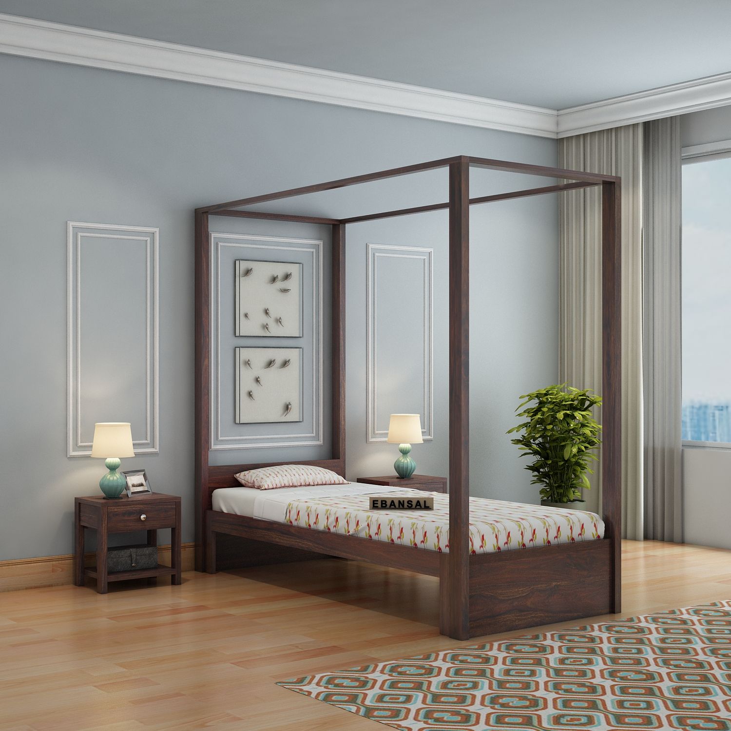 Solivo Solid Sheesham Wood Single Poster Bed Without Storage (Walnut Finish) Solivo Solid Sheesham Wood Single Poster Bed Without Storage (Walnut Finish)