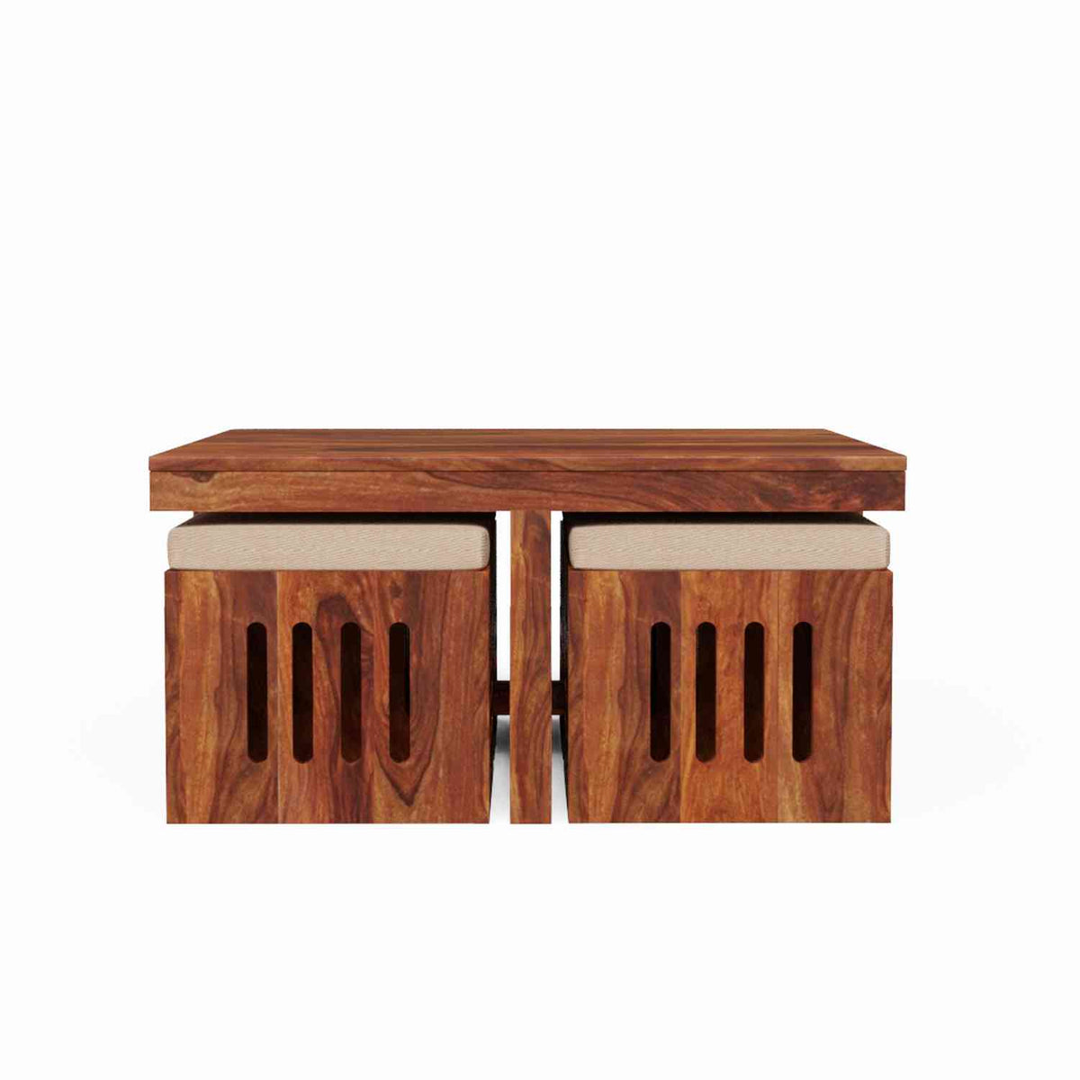 Mobell Solid Sheesham Wood Coffee Table Set With Four Cushioned Stools (Capsule, Natural Finish)