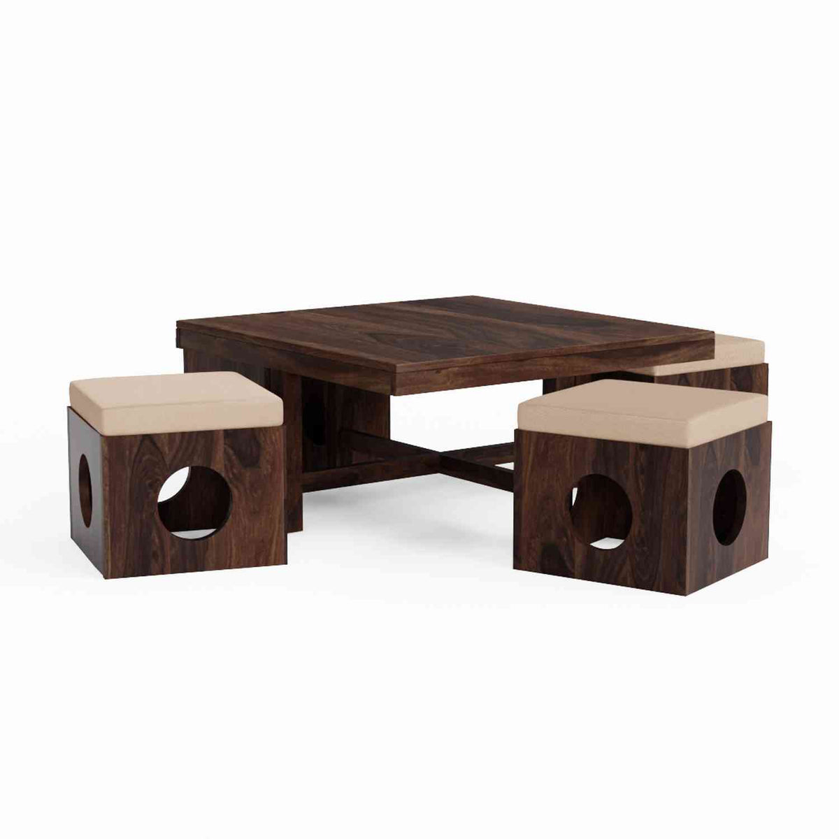 Mobell Solid Sheesham Wood Coffee Table Set With Four Cushioned Stools (Round, Walnut Finish)