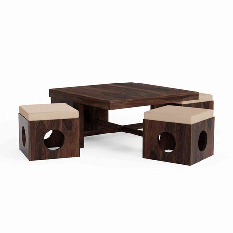 Mobell Solid Sheesham Wood Coffee Table Set With Four Cushioned Stools (Round, Walnut Finish)