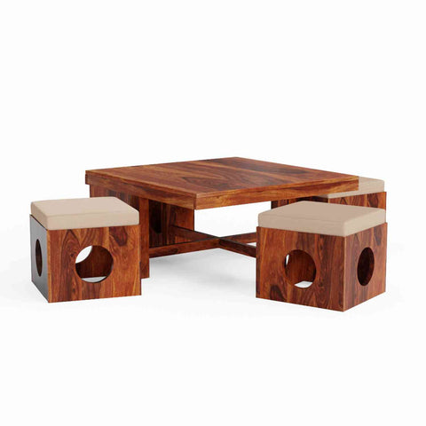 Mobell Solid Sheesham Wood Coffee Table Set With Four Cushioned Stools (Round, Natural Finish)
