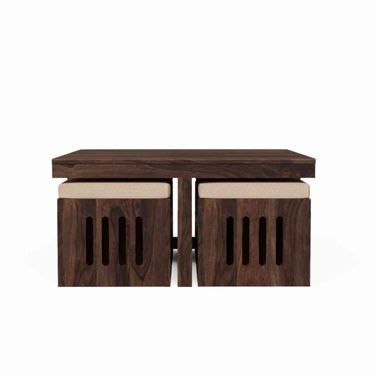 Mobell Solid Sheesham Wood Coffee Table Set With Four Cushioned Stools (Capsule, Walnut Finish)