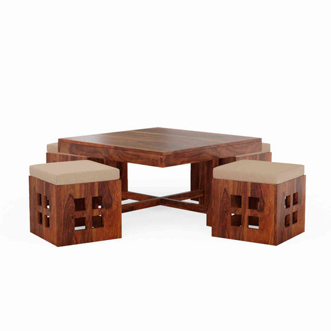 Mobell Solid Sheesham Wood Coffee Table Set With Four Cushioned Stools (Square, Natural Finish)