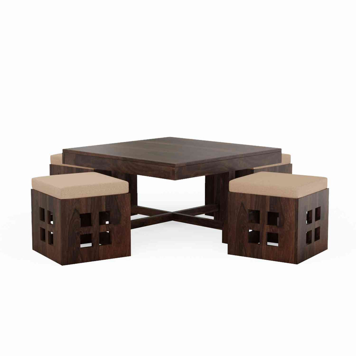 Mobell Solid Sheesham Wood Coffee Table Set With Four Cushioned Stools (Square, Walnut Finish)