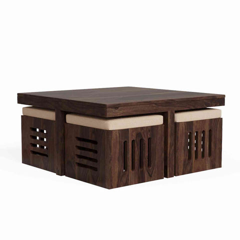 Mobell Solid Sheesham Wood Coffee Table Set With Four Cushioned Stools (Capsule, Walnut Finish)