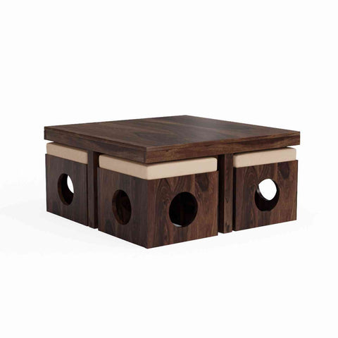 Mobell Solid Sheesham Wood Coffee Table Set With Four Cushioned Stools (Round, Walnut Finish)