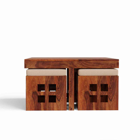 Mobell Solid Sheesham Wood Coffee Table Set With Four Cushioned Stools (Square, Natural Finish)