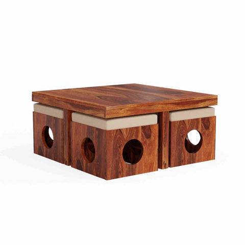 Mobell Solid Sheesham Wood Coffee Table Set With Four Cushioned Stools (Round, Natural Finish)