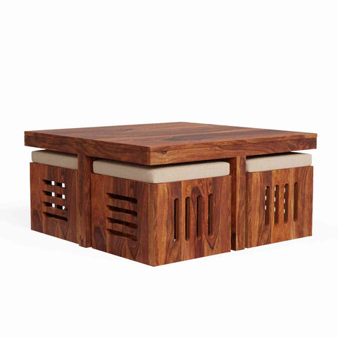 Mobell Solid Sheesham Wood Coffee Table Set With Four Cushioned Stools (Capsule, Natural Finish)