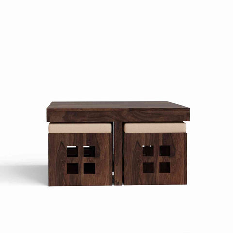 Mobell Solid Sheesham Wood Coffee Table Set With Four Cushioned Stools (Square, Walnut Finish)