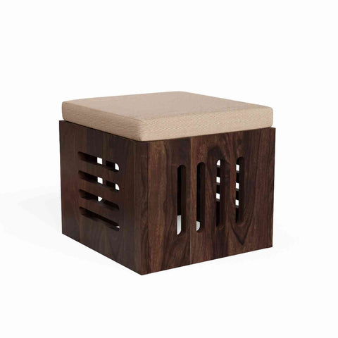 Mobell Solid Sheesham Wood Coffee Table Set With Four Cushioned Stools (Capsule, Walnut Finish)