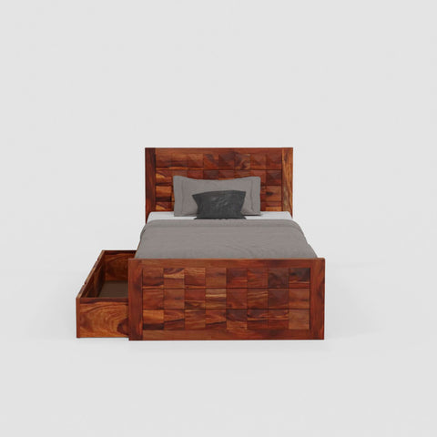 Sofia Solid Sheesham Wood Single Bed With One Drawer (Natural Finish)