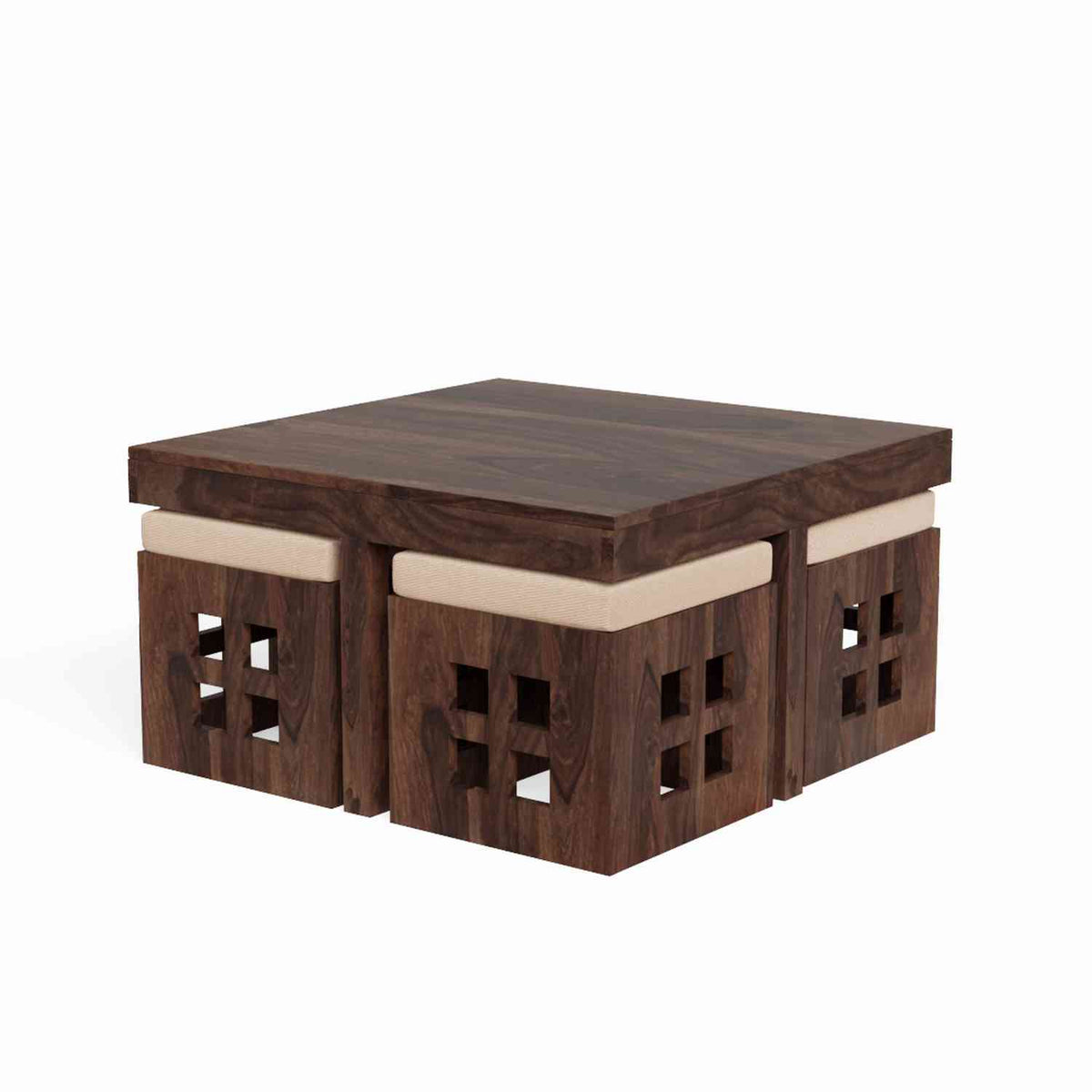 Mobell Solid Sheesham Wood Coffee Table Set With Four Cushioned Stools (Square, Walnut Finish)