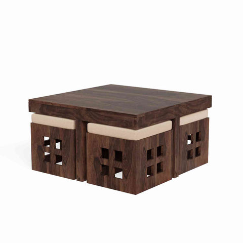 Mobell Solid Sheesham Wood Coffee Table Set With Four Cushioned Stools (Square, Walnut Finish)