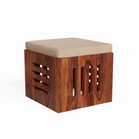 Mobell Solid Sheesham Wood Coffee Table Set With Four Cushioned Stools (Capsule, Natural Finish)