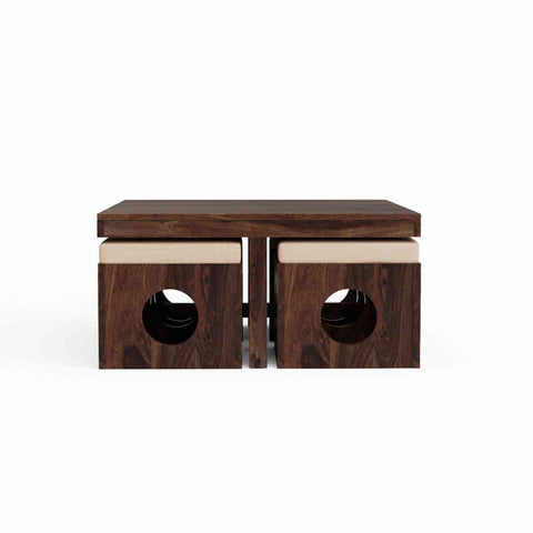 Mobell Solid Sheesham Wood Coffee Table Set With Four Cushioned Stools (Round, Walnut Finish)