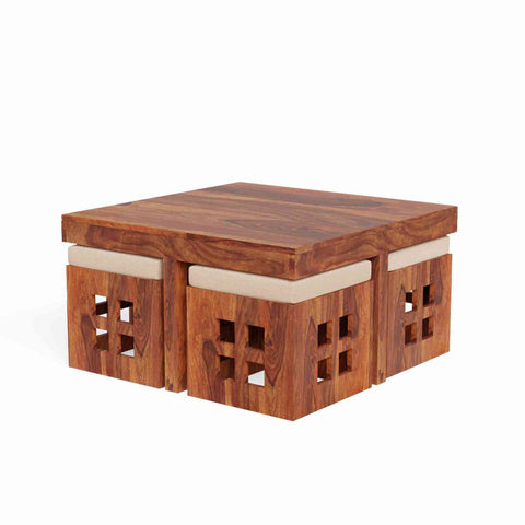 Mobell Solid Sheesham Wood Coffee Table Set With Four Cushioned Stools (Square, Natural Finish)