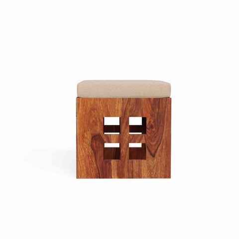Mobell Solid Sheesham Wood Coffee Table Set With Four Cushioned Stools (Square, Natural Finish)