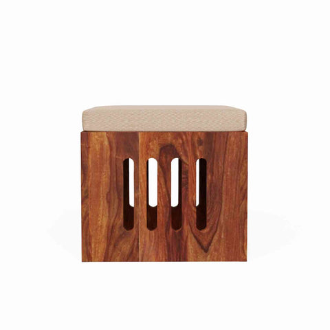 Mobell Solid Sheesham Wood Coffee Table Set With Four Cushioned Stools (Capsule, Natural Finish)