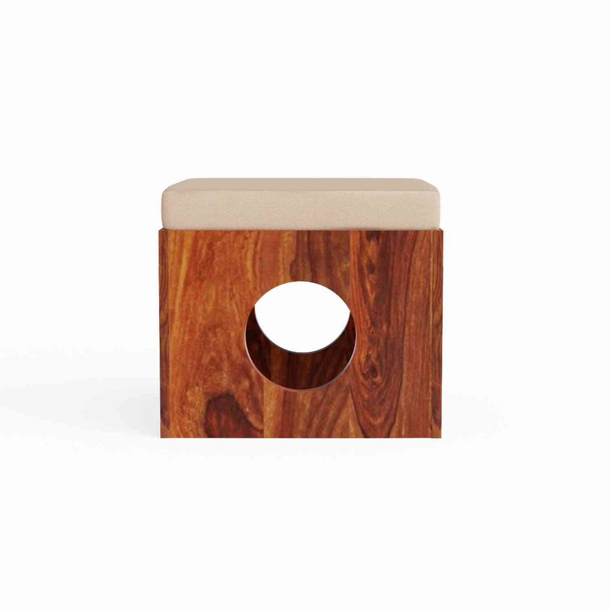 Mobell Solid Sheesham Wood Coffee Table Set With Four Cushioned Stools (Round, Natural Finish)