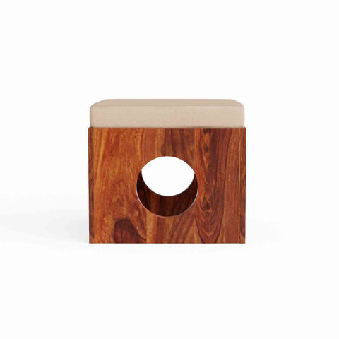 Mobell Solid Sheesham Wood Coffee Table Set With Four Cushioned Stools (Round, Natural Finish)