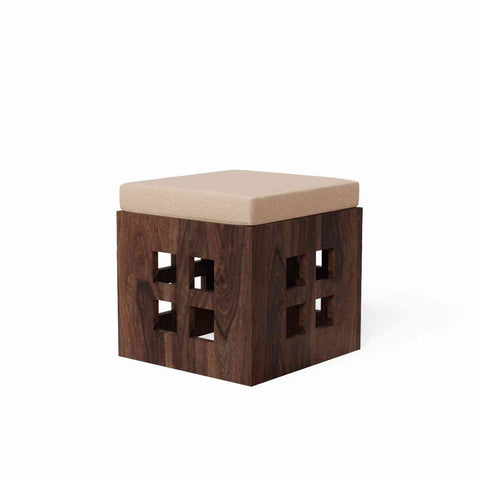 Mobell Solid Sheesham Wood Coffee Table Set With Four Cushioned Stools (Square, Walnut Finish)