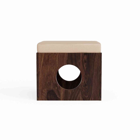 Mobell Solid Sheesham Wood Coffee Table Set With Four Cushioned Stools (Round, Walnut Finish)