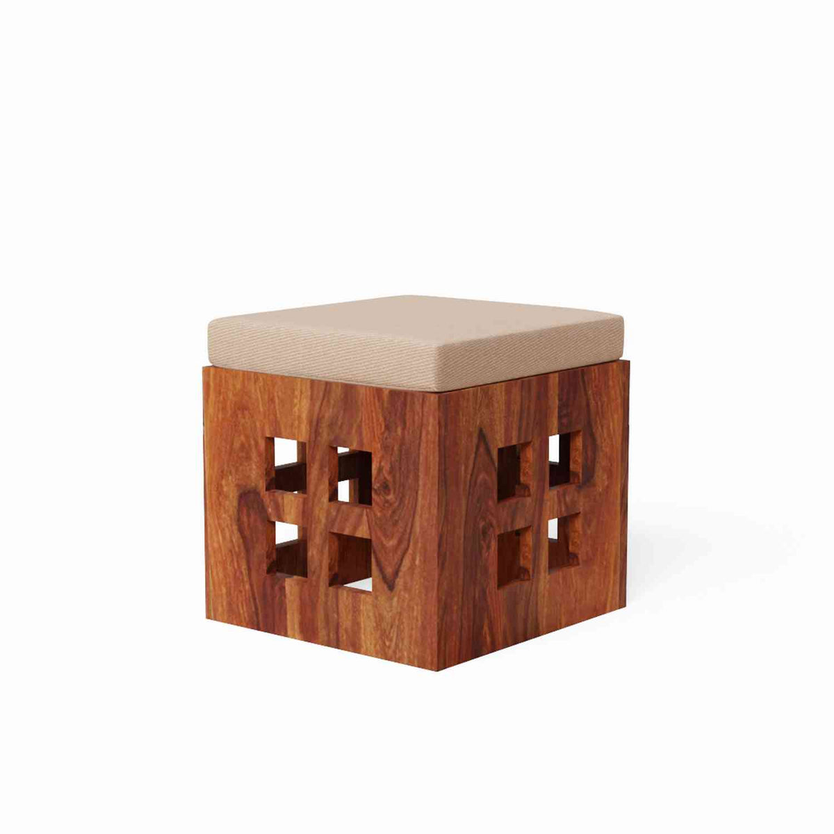 Mobell Solid Sheesham Wood Coffee Table Set With Four Cushioned Stools (Square, Natural Finish)