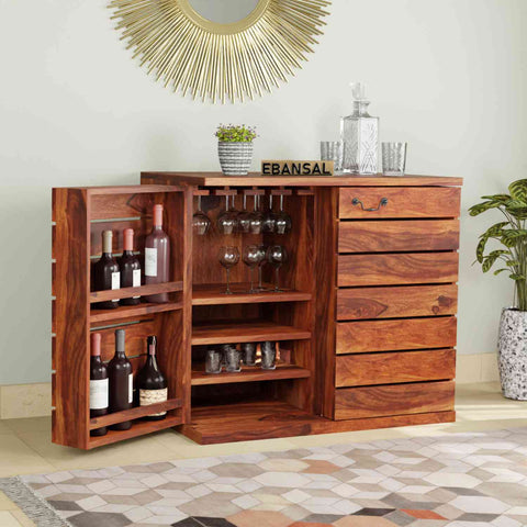 Feelinn Solid Sheesham Wood Bar Cabinet (Natural Finish)