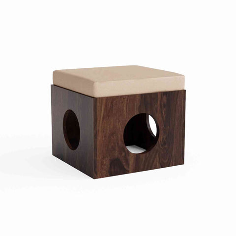 Mobell Solid Sheesham Wood Coffee Table Set With Four Cushioned Stools (Round, Walnut Finish)