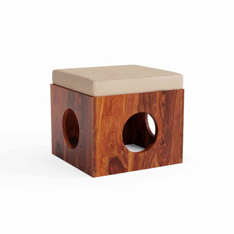Mobell Solid Sheesham Wood Coffee Table Set With Four Cushioned Stools (Round, Natural Finish)