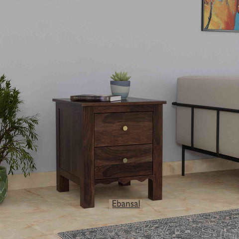 Revista Solid Sheesham Wood Bedside Table With Drawers (Walnut Finish)