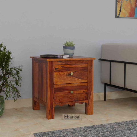 Revista Solid Sheesham Wood Bedside Table With Drawers (Natural Finish)