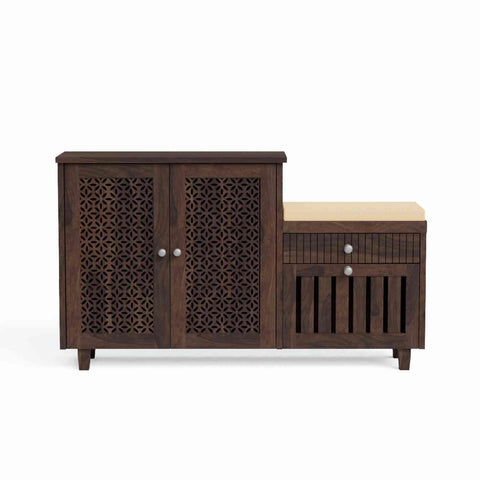 Monstro Solid Sheesham Wood Shoe Rack With Cushioned Seat (Walnut Finish)
