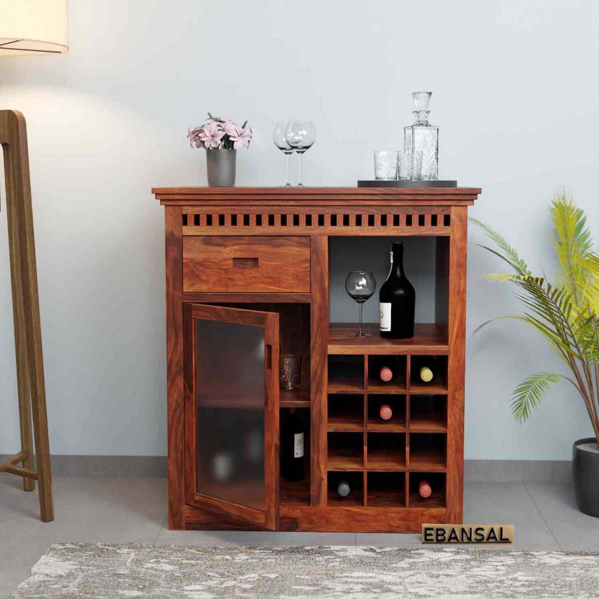 Amer Solid Sheesham Wood Bar Cabinet (Natural Finish)