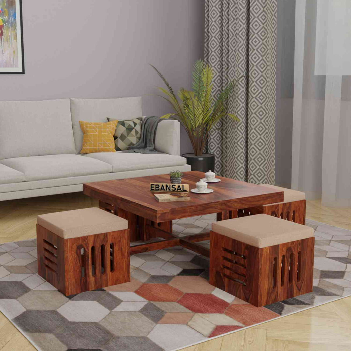 Mobell Solid Sheesham Wood Coffee Table Set With Four Cushioned Stools (Capsule, Natural Finish)