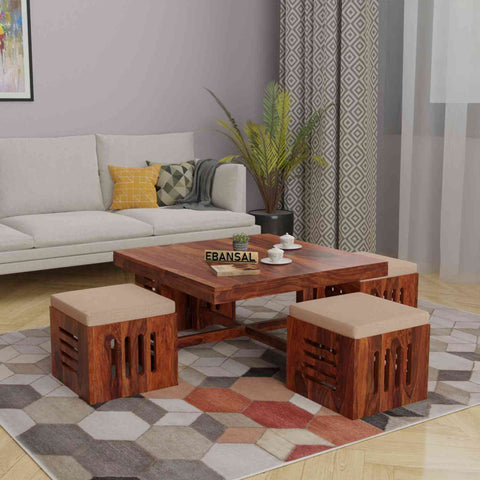 Mobell Solid Sheesham Wood Coffee Table Set With Four Cushioned Stools (Capsule, Natural Finish)