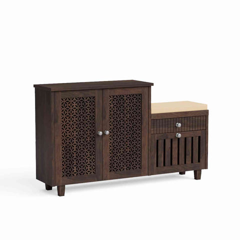 Monstro Solid Sheesham Wood Shoe Rack With Cushioned Seat (Walnut Finish)