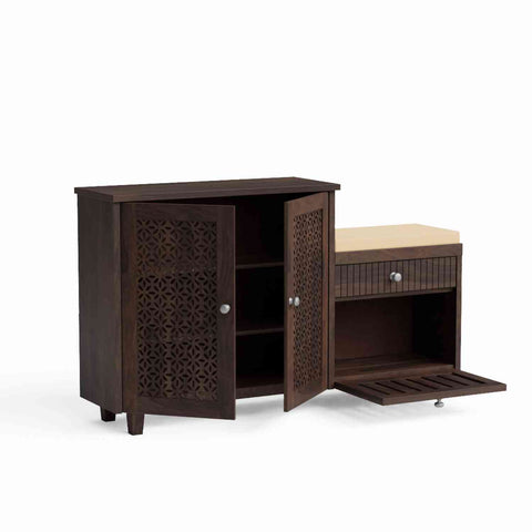 Monstro Solid Sheesham Wood Shoe Rack With Cushioned Seat (Walnut Finish)