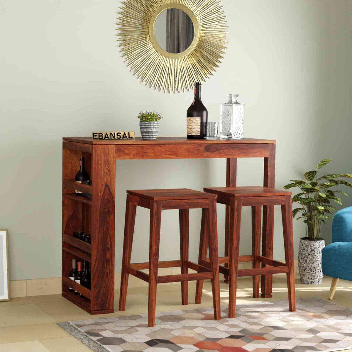 Maurice Solid Sheesham Wood Bar Cabinet With 2 Stools (Natural Finish)