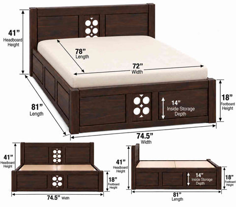 Monstro Solid Sheesham Wood Bed With Box Storage (King Size, Walnut Finish)