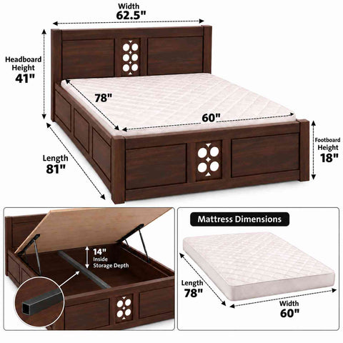 Monstro Solid Sheesham Wood Hydraulic Bed With Box Storage (Queen Size, Walnut Finish)