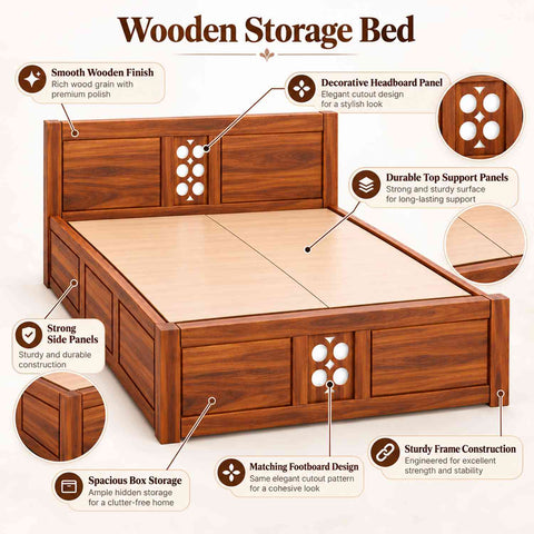 Monstro Solid Sheesham Wood Bed With Box Storage (Queen Size, Natural Finish)