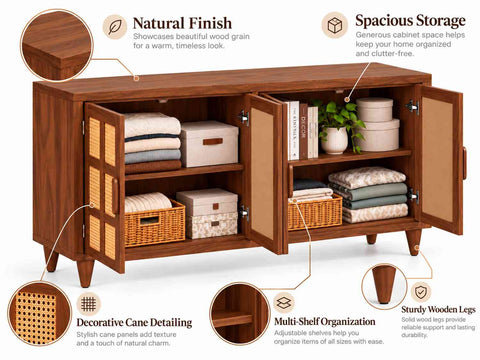 Canejoy Solid Sheesham Wood Sideboard (Natural Finish)