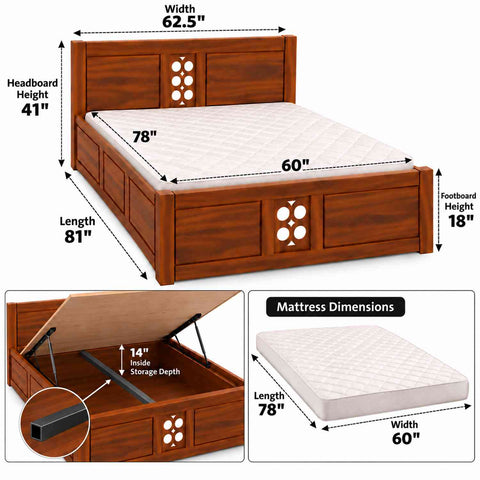 Monstro Solid Sheesham Wood Hydraulic Bed With Box Storage (Queen Size, Natural Finish)