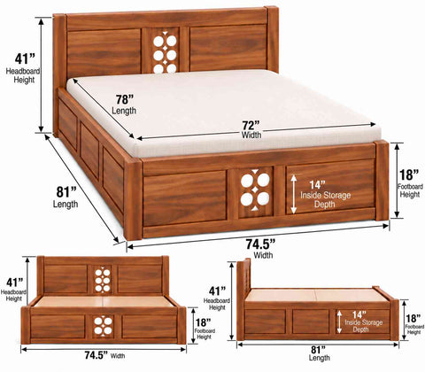 Monstro Solid Sheesham Wood Bed With Box Storage (King Size, Natural Finish)